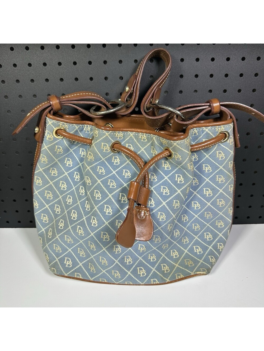 Dooney & Bourke Signature Denim Blue Drawstring Bucket Bag Tan Leather Trim